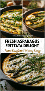 Golden Asparagus & Goat Cheese Frittata in a cast iron skillet topped with fresh herbs and asparagus spears.